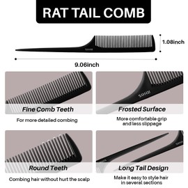 RHOS Rat Tail Combs for Parting, Fine Tooth Teasing Comb with Pick, 2 Pack Hair Styling Combs Set for Women and Men, Black, ABS Material