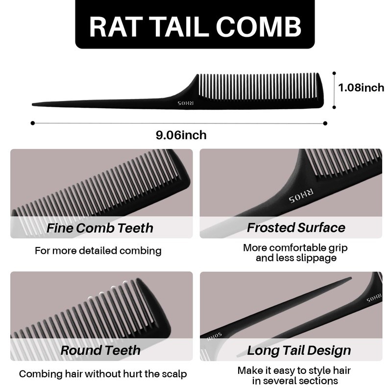 RHOS Rat Tail Combs for Parting, Fine Tooth Teasing Comb