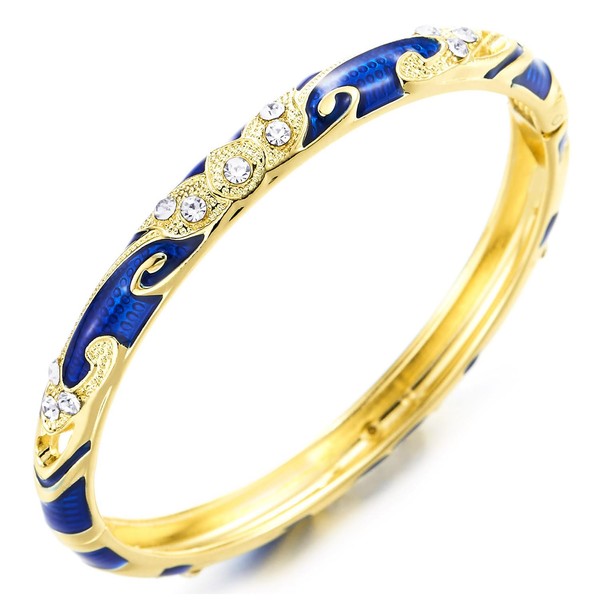 Women's Gold Bangle Bracelet, Blue Enamel Inlay with Elegant Swirls