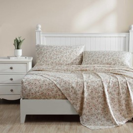 Laura Ashley - Queen Sheets, Soft Sateen Cotton Bedding Set, Sleek, Smooth, & Breathable Home Decor (Bonnie Beige, Queen)