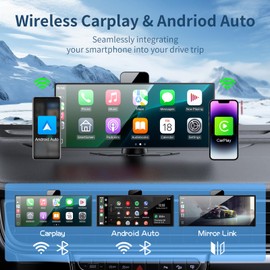 10.26" Wireless CarPlay & Android Auto Screen with 4K Dash Cam, GPS Navigation, Bluetooth, Backup Camera, Touchscreen Portable Car Stereo for All Vehicles, Easy Dashboard Mount