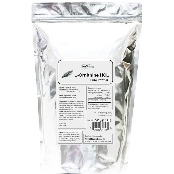 NuSci L-Ornithine Pure Powder 500g (1.1 lb, 17.6 oz) AJI