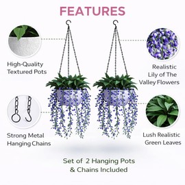 alyptus Fake Plants Lily of The Valley, Set of 2 Potted Lily of The Valley Plants – Soft Green Stems with Purple Blooms, Elegant Fake Hanging Flowers for Home Office Balcony Patio.