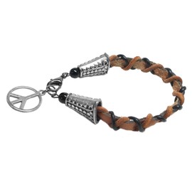 Leather Criss-Cross Bracelet Pewter Peace Sign