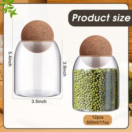 Suclain 12 Pcs Glass Jars with Cork Ball Lid Food Storage Containers Clear Wood Cork Bottle Candy Jars 17 Oz/500ml Coffee Canister for Beans Nut Sugar Decorative Kitchen Storage Organizer