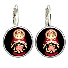 Beautiful Matryoshka Matreshka Cabochon Earrings Russian with Black Undertone