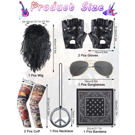 8 Pcs Rock Star Fancy Dress, 70s 80s Rock Wig Set Rockstar Costumes Accessories for Men Women with Gloves Sunglasses Temporary Tattoo Sleeves Necklace Bandana for World Book Day Disco Carnival Party