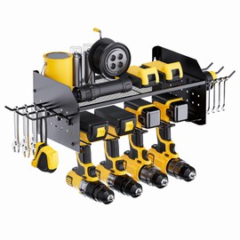 TRZZ Power Tool Organizer Wall Mount, 2-Tier Cordless Drill Rack with 4 Drill Holders and 2 Side Pegboards, Efficient Drill Storage for Garage, Tool Room, and Workshop (Black)