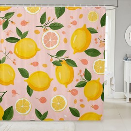 Feelyou Lemon Shower Curtain Kids Cartoon Lemon Fabric Shower Curtain Citrus Bathroom Waterproof Accessories with 12 Hooks for Women Men Yellow Pink Curtains,72x72 Inches