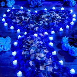 VIHOSE 4000 Pcs Artificial Rose Petals with 24 Pcs LED Tea Lights Candles Flameless LED Candles Fake Rose Petals for Valentine's Night Proposal Wedding(Blue Light, Vivid Color Petals)
