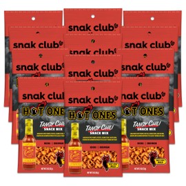 Snak Club x Hot Ones Tangy Chili Snack Mix, Mild Spicy Snacks with Peanuts, Pretzels, Sesame Sticks, Toasted Corn & Cashews, Inspired by Hot Ones Hot Sauce, 2 oz Bag (12 Count)
