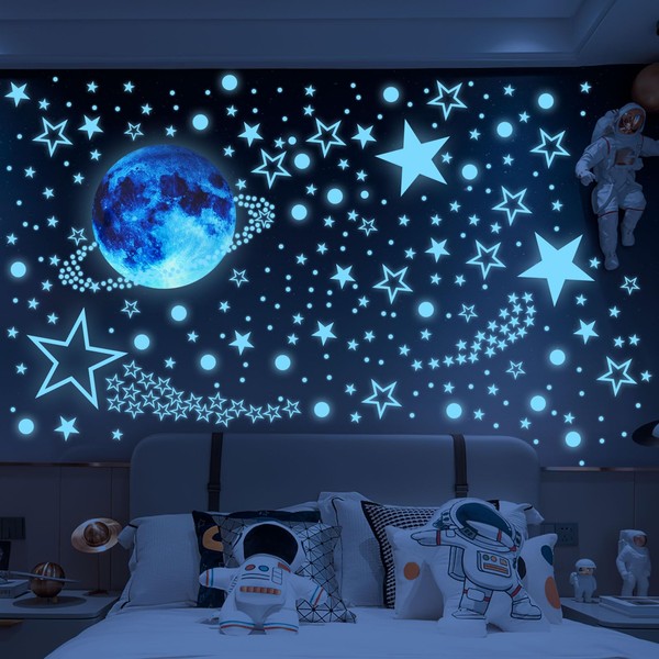 JUNEBRUSHS Glow in The Dark Stars Stickers, 999pcs Luminous Glowing Stars for Ceiling Stars and Moon Wall Decal Planets Space Wall Stickers for Bedroom Living Room Wall Stickers for Home Decor