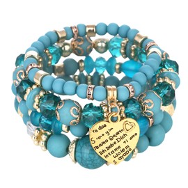 Beljeley Blue Stackable Bracelets for Women, Trendy Heart Charm Western Boho Jewelry Mothers Gifts Beaded Stack Stretch Bead Crystal Bracelet Set Birthday Gifts