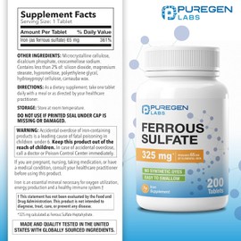 Puregen Labs Ferrous Sulfate 325 mg (65 mg Elemental Iron) High Potency Iron Supplement | No Artificial Color Additives - 200 Tablets Made in USA