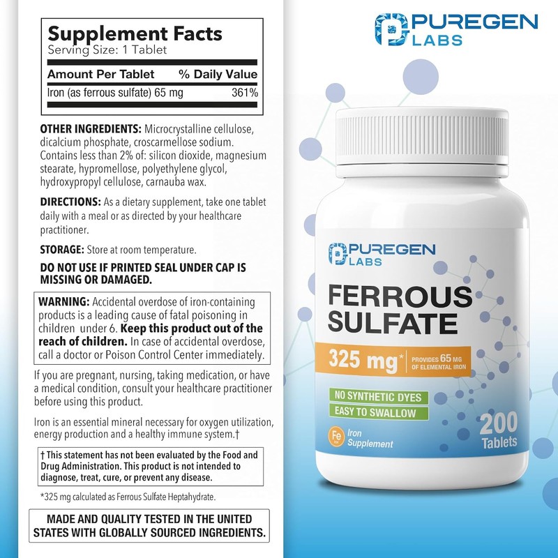 Puregen Labs Ferrous Sulfate 325 mg (65 mg Elemental Iron)