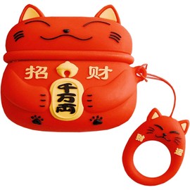 Yatchen for Airpods 3 Case,Cute 3D Cartoon Lucky Cat Airpods 3 3rd Generation Cover Kawaii Soft Silicone Protective Cover with Keychain Shockproof Charging Case for AirPods 3 for Girls Red