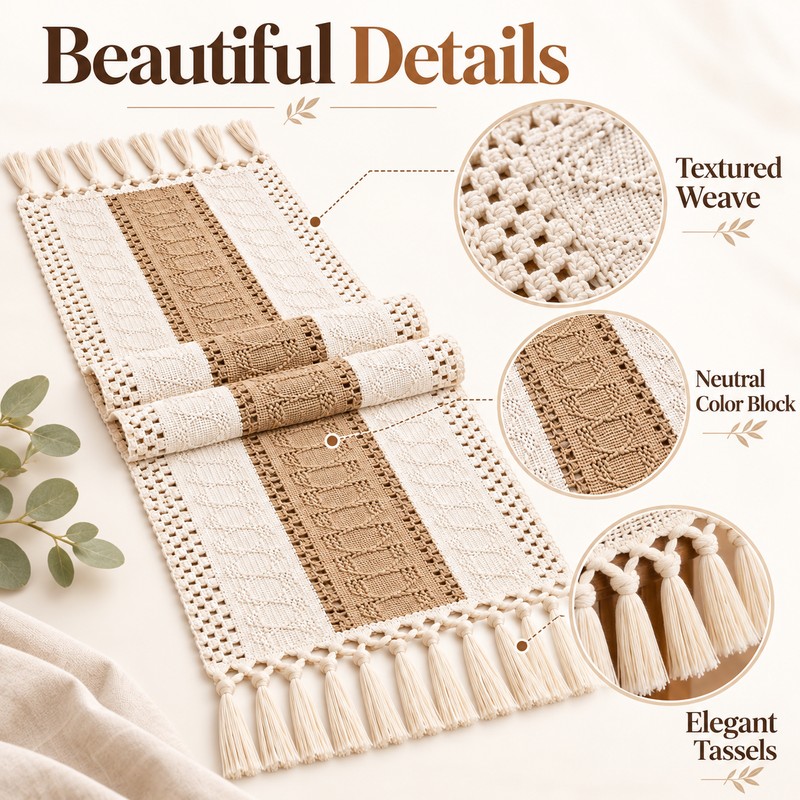 Boho Table Runner for Dining Room Decor – Cream &