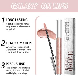 Metallic Diamond Glitter Lip Gloss - Waterproof, Lightweight, Long-Lasting Pink Shimmer Lipstick with Soft Metallic Eyeshadow, Nonstick Cup and Shiny Sparkle