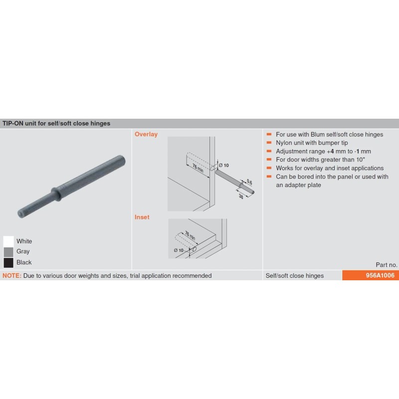 Blum 956A1006 TIP-ON for Self/Soft Closing Hinges - Black -