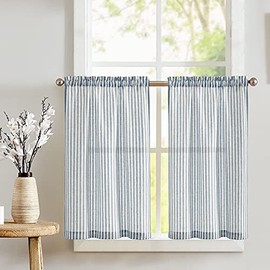 JINCHAN Kitchen Curtains 36 Inch Length Striped Tier Curtains Linen Curtains Cafe Curtains for Living Room Bedroom Bathroom Farmhouse Country Rustic Curtains Rod Pocket 2 Panels Blue on Beige