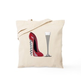 CafePress Red Sparkle Corkscrew Stiletto And Champagne Flute Natural Canvas Tote Bag, Reusable Shopping Bag