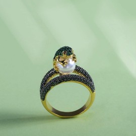 Tuwiqsdi Frog Pear Ring Fashion Jewelry 18k Gold Filled Toad Playing with Pearl Two-Tone Ring Size 6-10 for Women(7)