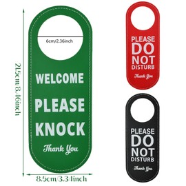 Hoxfly 2 Pcs Double Sided Door Signs, 8.5x21.5cm PU Leather Door Hanger Signs, Please Do Not Disturb and Welcome Please Knock Sign for Home Office Hotel Meeting Rooms (Red+Green and Black+Green)