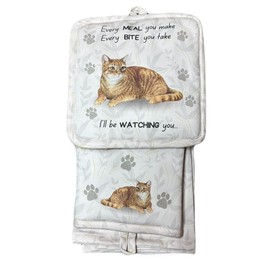 Tabby Orange cat 3-Piece Kitchen Set - Oven Mitt, Pot Holder & Kitchen Towel Set, Heat Resistant up to 420 F, Soft Quilted Cotton for Cooking, Baking, BBQ, Pet Lover Gifts (Tabby Orange Cat)