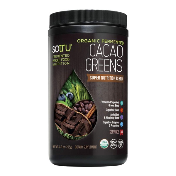 SoTru Cacao Greens, Chocolate Flavor - 8.47 oz. - Fermented Superfood Blend with Digestive Enzymes, Prebiotic Fiber & Antioxidants - USDA Certified Organic, Non-GMO, Gluten Free, Vegan - 30 Servings