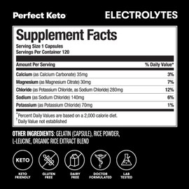 Perfect Keto Electrolytes Capsules, Gluten Free, Electrolyte Supplement with Magnesium, Calcium, Potassium and Sodium, Hydration, Energy, Recovery and Immune Support, Unflavored, 120 Servings