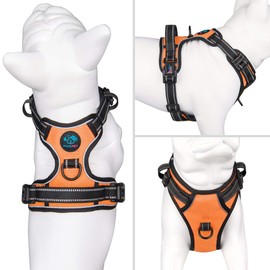 PHOEPET No Pull Dog Harnesses for Small Puppies Reflective Adjustable Front Clip Vest with 2 Metal Leash Attachment Hooks Soft Handle (S, Orange)
