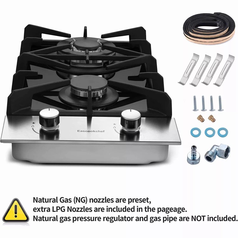 Eascookchef 2-Burners Gas Cooktop 12in Eascookchef Tempered Glass NG/LPG Convertible