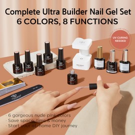 Modelones 8-in-one Nail Builder Gel Kit, 6 Colors Clear Pink Builder Gel with Mini Nail Lamp& Nail Forms Set, Hard Gel Builder for Nails Extension Strengthener Base Gel in a Bottle Nail Art