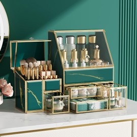 CoralHouse Makeup Organizer Green– Large Vanity Organizer for Skincare, Lipsticks, Perfume & Brushes – Countertop Cosmetic Storage Box for Women, Bathroom or Dresser.