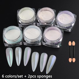 FSpronail White Pearl Chrome Nails Powder 6 Colors Moonlight Chrome Nail Powders Kit Glitter Dust Pearlescent Mirror Effect Nail Art Pigment Mermaid Pearl White Pink Yellow DIY Manicure Pigments