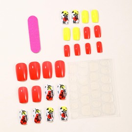 Summer Press on Nails Orange Yellow Fake Nails with Cute Flower Design Short Square False Nails Reusable Acrylic Nails Full Cover Glossy Stick on Nails for Women Spring Summer Manicure 24Pcs