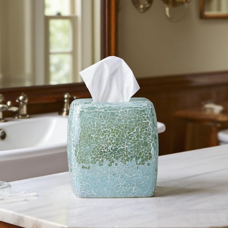 Handmade Mosaic Glass Tissue Box Cover, Square Decorative Holder, Turquoise