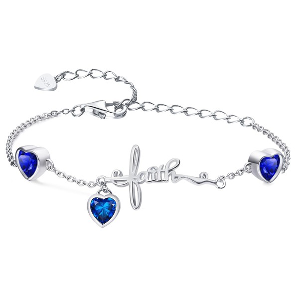 Qings September Sapphire Birthstone Bracelets with 3 Cubic Zirconias Sterling