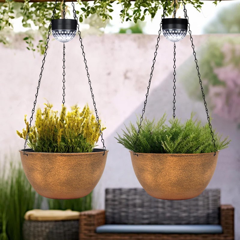 2 Packs Hanging Planters Basket for Outdoor Plants, Solar Powered