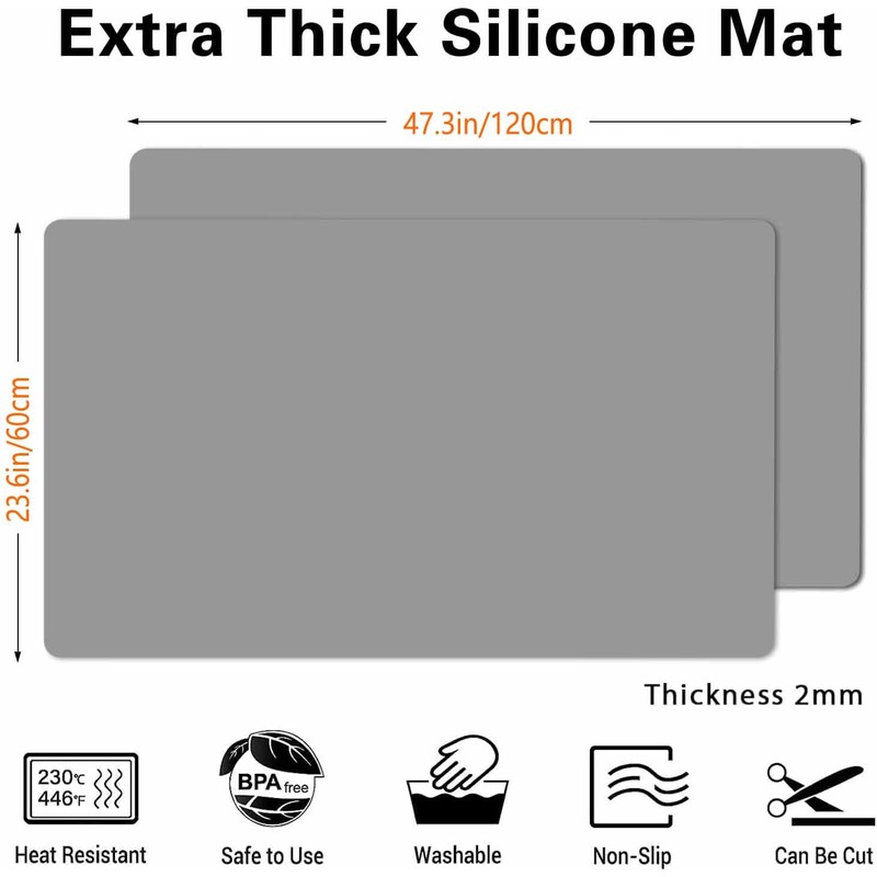 2 Pack 47.3"x23.6" Silicone Kitchen Counter Mats, 2MM Thick Heat