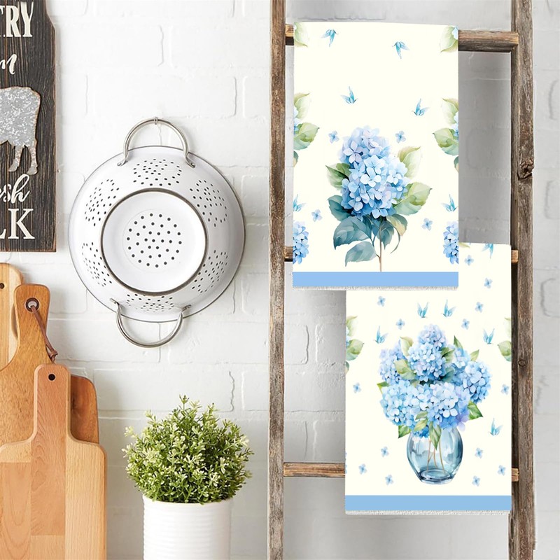 Kou Marty Blue Hydrangea Butterfly Kitchen Towels 2 Pcs Decorative