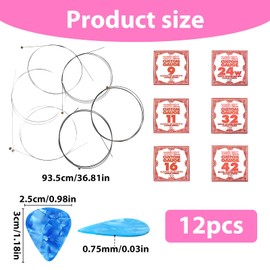12 Pack Electric Guitar Strings Accessories Set, Including 12 Regular Slinky Guitar Strings Electric and 12 Colour Mixture Picks Plectrums,Rust-Proof Wire Durable and Reliability