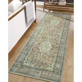 Goideal Washable Rug 2x6 Runner Rug, Green Non Slip Vintage Floral Rugs Soft Retro Indoor Low Pile Carpet for Living Room Bedroom Kitchen Bathroom Entryway