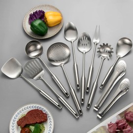 304 Stainlss Steel Kitchen Utensils Set, 11 Pcs Long Metal Cooking Utensil Gadgets Tools Set with Spatula, Ladle, Spoon, Ladle, Skimmer, Tunner, Pasta Server, Tongs(Silver, Dishwasher Safe)