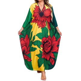 Orshoy Womens Swim Cover Up Long Kaftan Beach Dresses Maxi Caftan Kimono Tunic Bathing Suit Nightwear Free Size Yellow Red Flower
