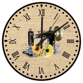 12 Inch Vintage Sewing Machine Wooden Wall Clock Battery Operated Silent Tailor Gift Vintage Wall Clock Round Clock for Home Living Room Office Decoration Wedding Gift
