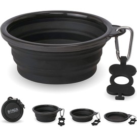 Bonza by Leash Boss Small Collapsible Dog Bowl, Sturdy Reinforced Rim, includes Carabiner & Water Bottle Holder Keychain, Black