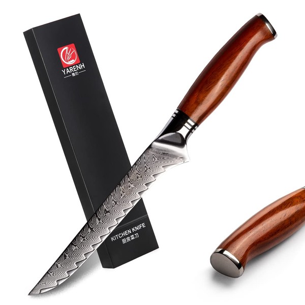 YARENH Boning Knife 15.6 cm, Professional Damask Filleting Knife, Sharp Kitchen Knife, 73 Layers Damascus Steel Chef's Knife, with High-Quality Sandalwood Handle, with Gift Box
