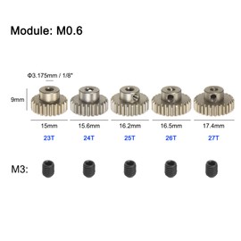 sourcing map M0.6 Pinion Gear Set 3.175mm (1/8") Shaft 23T 24T 25T 26T 27T Aluminum Alloy Motor Gears with Step for 1/10 RC Car (5pcs)