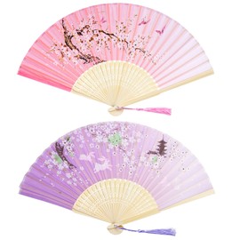 Bantoye 2 Pieces Handheld Fans Silk Folding with Frames for Dancing Cosplay Wedding Party Props Decoration, Purple Pink, Rabbit